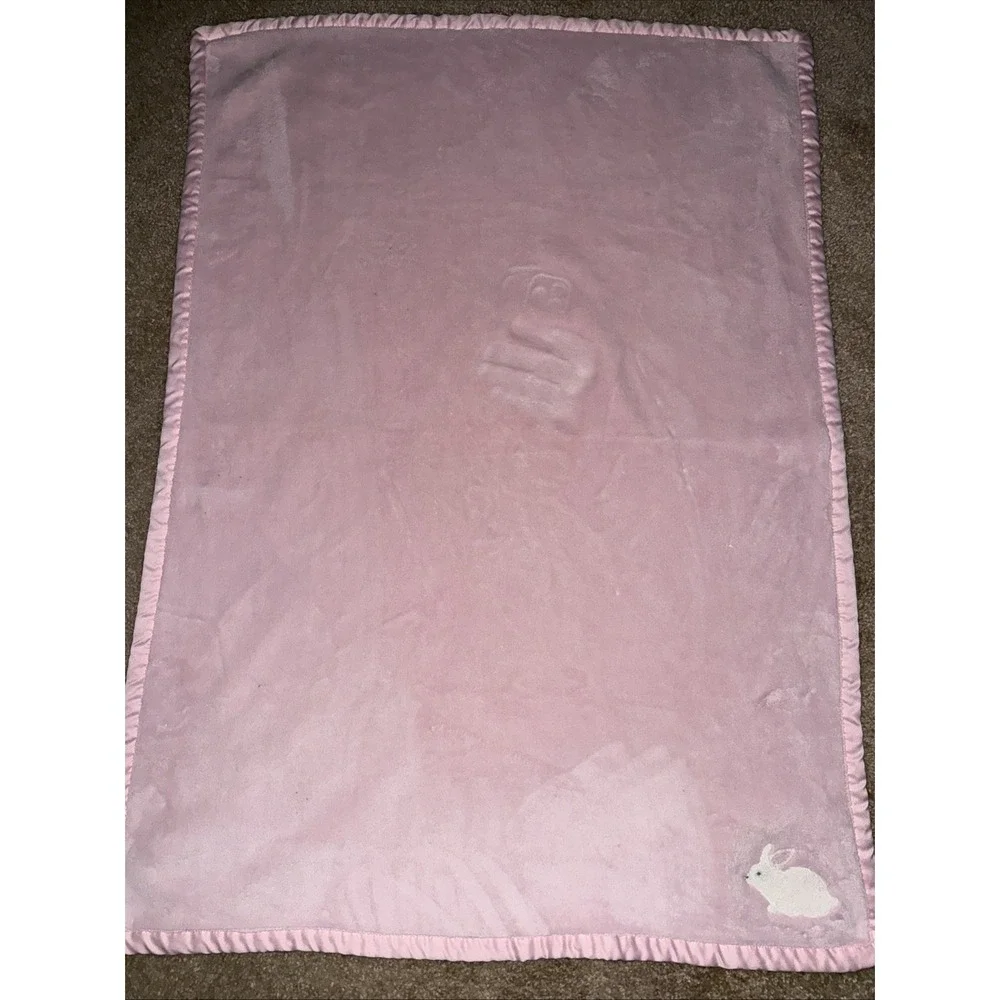 Carter's Pink Baby Blanket White Bunny Rabbit Plush Satin Edge Fleece Cozy Lovey
